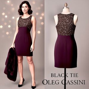 Y2K Black Tie,Oleg Cassini,Lux Plum Beaded Sequin Cocktail Evening Dress,Size 10